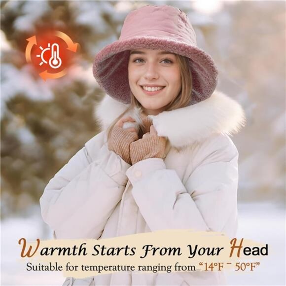 Women\'s Fuzzy Bucket Hat Wide Brim Faux Fur Winter Warm Hat, Pink main image 5